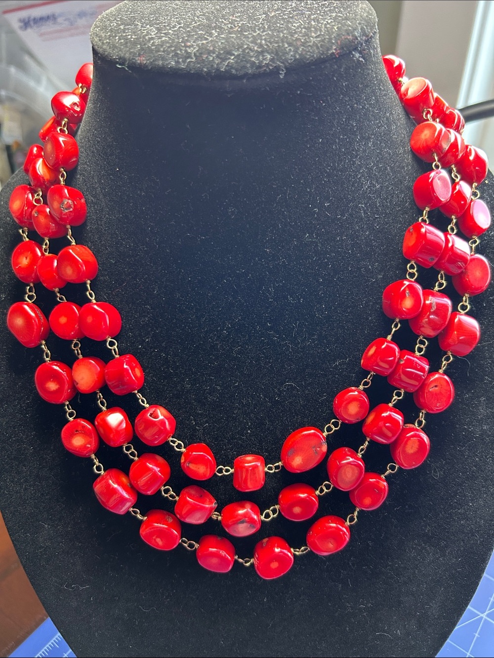 Lucas Lameth LUC 3 strand genuine red bamboo coral nuggets lobster clasp 925 CN